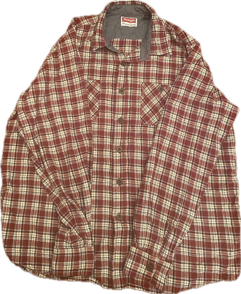 Wrangler Premium Quality Men’s Flannel Shirt Plaid Burgundy Cream XL Long Sleeve